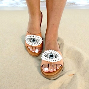 Leather slip on sandals evil eye sandals Greek eye sandals pearl sandals evil eye slides decorated slides brown slides black leather sandals