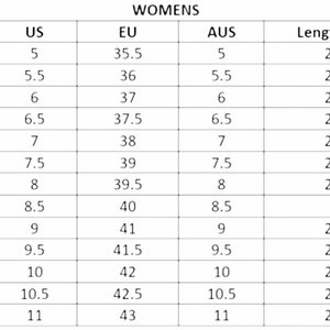 May include: A size conversion chart for women's shoes, showing UK, US, EU, and Australian sizes, along with the corresponding foot length in centimeters.