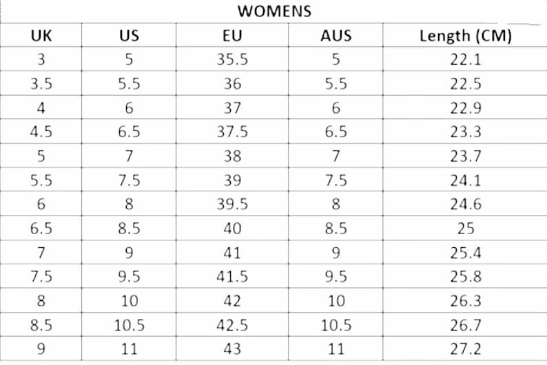 May include: A size conversion chart for women's shoes, showing UK, US, EU, and Australian sizes, along with the corresponding foot length in centimeters.