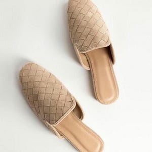 Suede Leather shoes, brown woven mules, black suede mules, comfortable flat vegan leather mules, beige suede slippers image 6