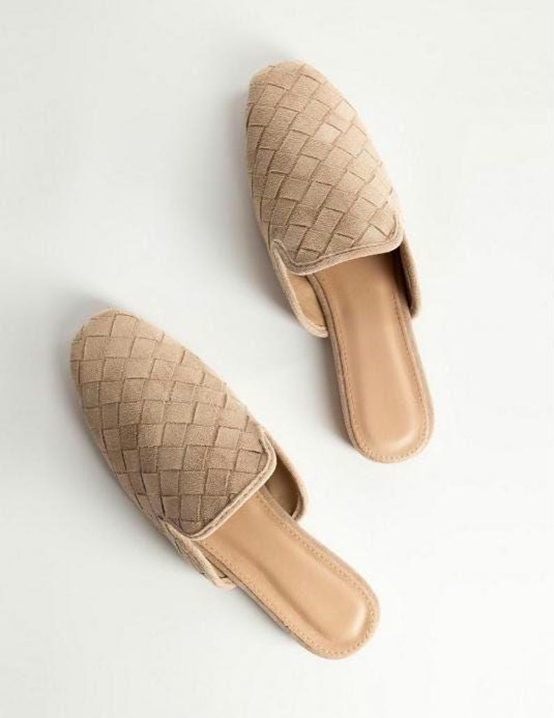 Suede Leather shoes, brown woven mules, black suede mules, comfortable flat vegan leather mules, beige suede slippers image 6