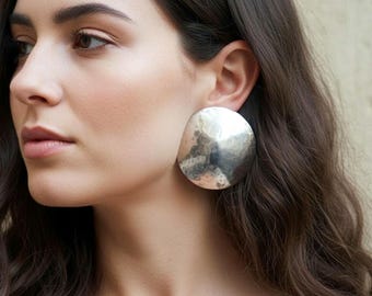 Runda örhängen i sterlingsilver med stora kupoler, konkava handgjorda silverörhängen, kupoler, stora örhängen för kvinnor