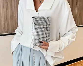Rhinestone Phone Bag Silver Clutch Crossbody with Chain phone wallet casual polyester shoulder bag cellphone bag travel accessory purse gift