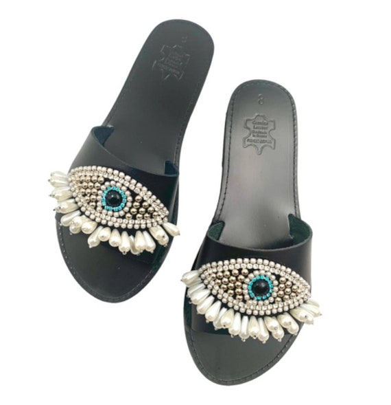 Zwarte boze oog sandalen Griekse kwade oog dwarsliggers zwarte