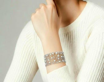 Crochet pearl cuff wide mesh cuff, adjustable wire cuff, wire bracelet  bridal bracelet, pearl wedding bracelet white crochet cuff decorated