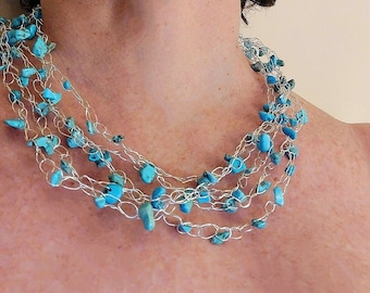 Wire crochet necklace multi stand necklace turquoise bib necklace coral wire necklace silver mesh necklace natural stone bridal necklace