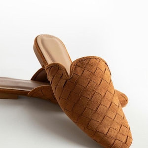 Suede Leather shoes, brown woven mules, black suede mules, comfortable flat vegan leather mules, beige suede slippers image 1