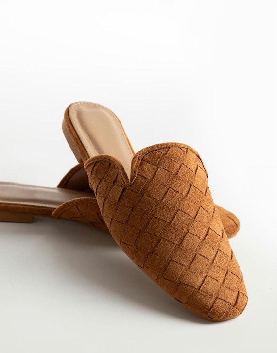 Suede Leather shoes, brown woven mules, black suede mules, comfortable flat vegan leather mules, beige suede slippers