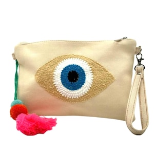 Small evil eye canvas bag evil eye fabric purse beige clutch green canvas tote bag Greek tassel bag linen bag accessory bag everyday bag