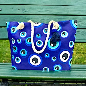 Large evil eye beach bag woman blue  linen evil eye canvas bag canvas eye beach bag greek eye beach bag summer handbag big summer tote bag