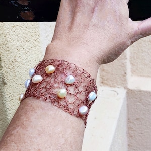 Wire crochet pearl cuff wide mesh cuff adjustable decorated cuff wire bracelet bridal bracelet pearl wedding bracelet crochet pearl cuff
