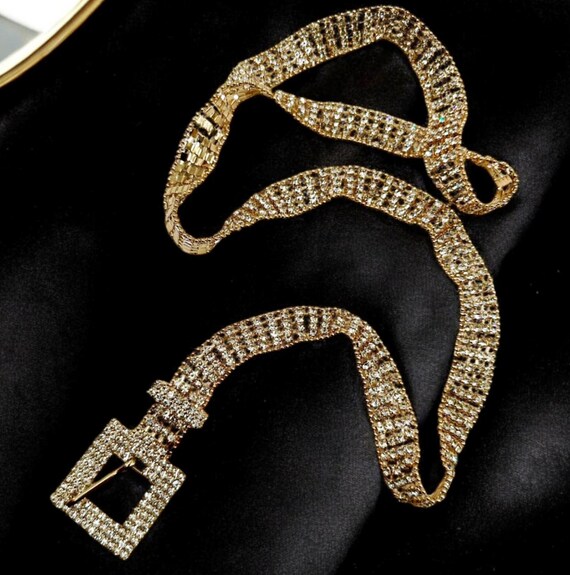 Gold tone metallic waist skinny belt with rhinestones details Woman main image 3