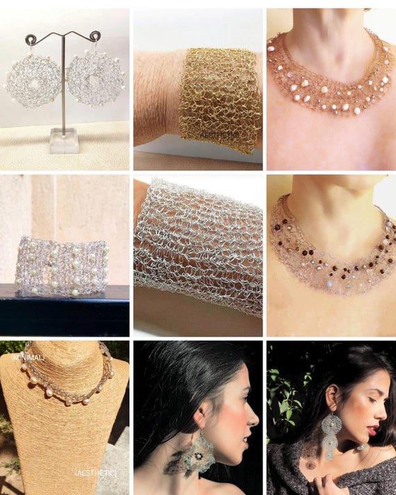 Silver Wire Crochet Choker Pearl Choker Knitted Silver Choker