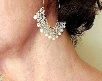 Silver hoop earrings wire crochet earrings round wire earrings bridal pearl earrings  silver earrings lighteight hoops crochet earrings