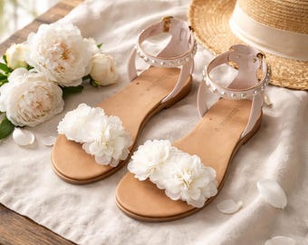 Brautsandalen Sommer Hochzeit Blumen Sandalen Brautjungfer handgefertigte verzierte Sandalen Knöchel Riemchen Strass Sandalen Frau Leder Wohnungen