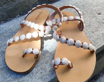 Seashell sandals, leather strappy sandals, wedding sandals, beach wedding sandals, bridal sandals, gladiator sandals, decorated sandals