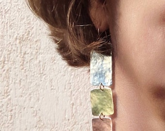 Dangle geometric earrings silver brass copper hammered earrings long earrings mixed metal earring boho woman multi metal earring lightweight