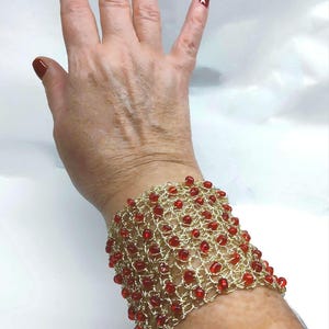 Gold Wire Crochet Cuff Bracelet Red Glass Beads Adjustable wide Bangle knitted bridal cuff personalized bracelet for her