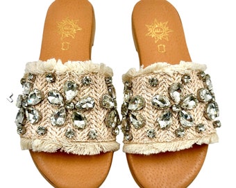 Rhinestone slippers comfortable flats beige decorated sandals leather flats black slippers soft sole black sandals women rhinestone sandals