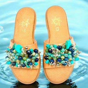 Soft leather slides turquoise beaded sandals seashell sandals pearl sandals bridesmaid sandals beach wedding blue slippers decorated flats