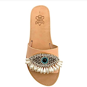 Evil eye sandals evil eye slipon sandals woman eye sandals brown leather slides flat eye sandals rhinestone sandals decorated pearl sandals image 8
