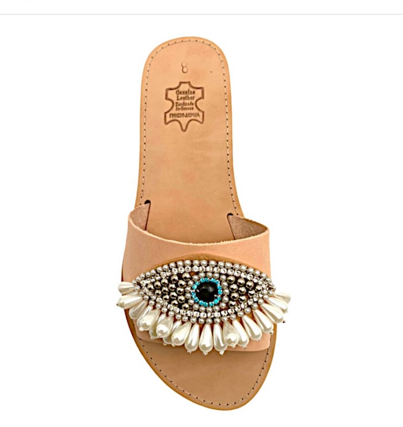 Evil eye sandals evil eye slipon sandals woman eye sandals brown leather slides flat eye sandals rhinestone sandals decorated pearl sandals image 8
