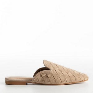 May include: A single beige woven mule slipper with a pointed toe. The shoe has a low heel and a slip-on design. The upper features a basketweave pattern. The shoe is set against a white background.