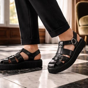 Black Leather Fisherman Sandals Chunky Platform Wedges Handmade Greek strappy leather Shoes