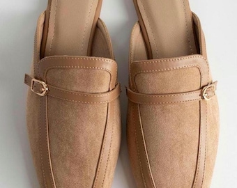 Suede Leather open heel shoes, beige mules, black suede mules, green flat shoes comfortable flat vegan leather mules, suede slippers