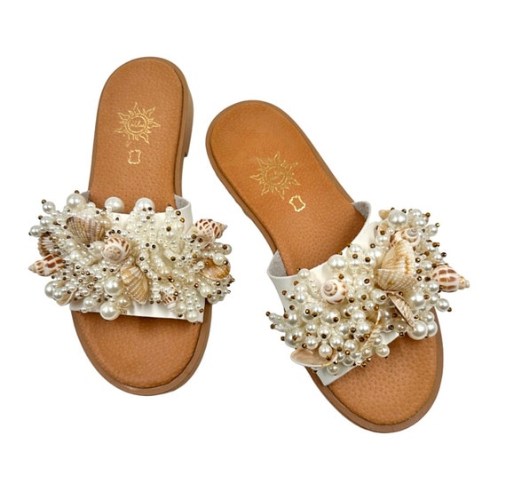 White beaded sandals seashell slides decorated slipon sandals summer slides beach decorated slippers pearl sandals boho beach wedding sandal