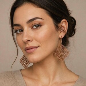 Può includere: Un paio di orecchini pendenti color oro rosa con un design a maglia metallica quadrata e traforata. Gli orecchini sono dotati di una semplice chiusura a gancio e presentano un motivo a reticolo delicato e complesso dall'aspetto leggero.