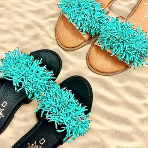 Woman&#39;s turquoise decorated sandals handmade turquoise slides luxury slippers beach wedding sandals soft sole slides blue beaded slippers