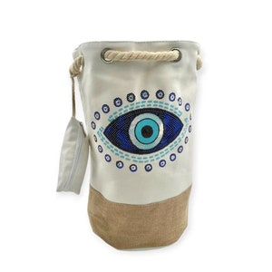 Beach bag beach backpack blue canvas bag evil eye bag white beach summer bag evil eye backpack canvas backpack beach lover&#39;s gift for her