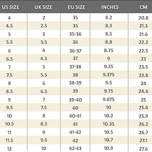 May include: A shoe size conversion chart with columns for US, UK, and EU sizes, inches, and centimeters. Sizes range from US size 4 (8.2 inches, 20.8 cm) to US size 12 (10.9 inches, 27.6 cm).
