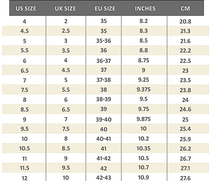 May include: A shoe size conversion chart with columns for US, UK, and EU sizes, inches, and centimeters. Sizes range from US size 4 (8.2 inches, 20.8 cm) to US size 12 (10.9 inches, 27.6 cm).