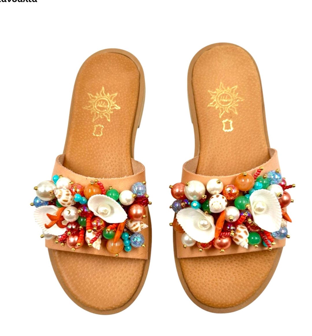 Handmade Greek Leather Sandals Seashell & Pearl Embellished Flats ...