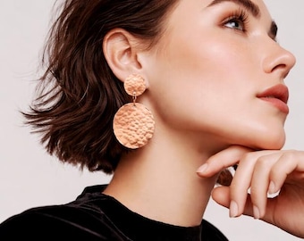 Handmade Hammered Copper Disc Earrings dangle lightweight rose gold round earrings woman's gift
