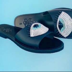 Black leather slides evil eye sandals rhinestone sandals leather evil eye slides evil eye slip on sandals decorated sandal black flats woman
