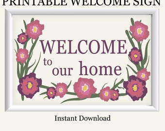 Neutral Floral Welcome Sign, Farmhouse Botanical Art Print (Instant Download)