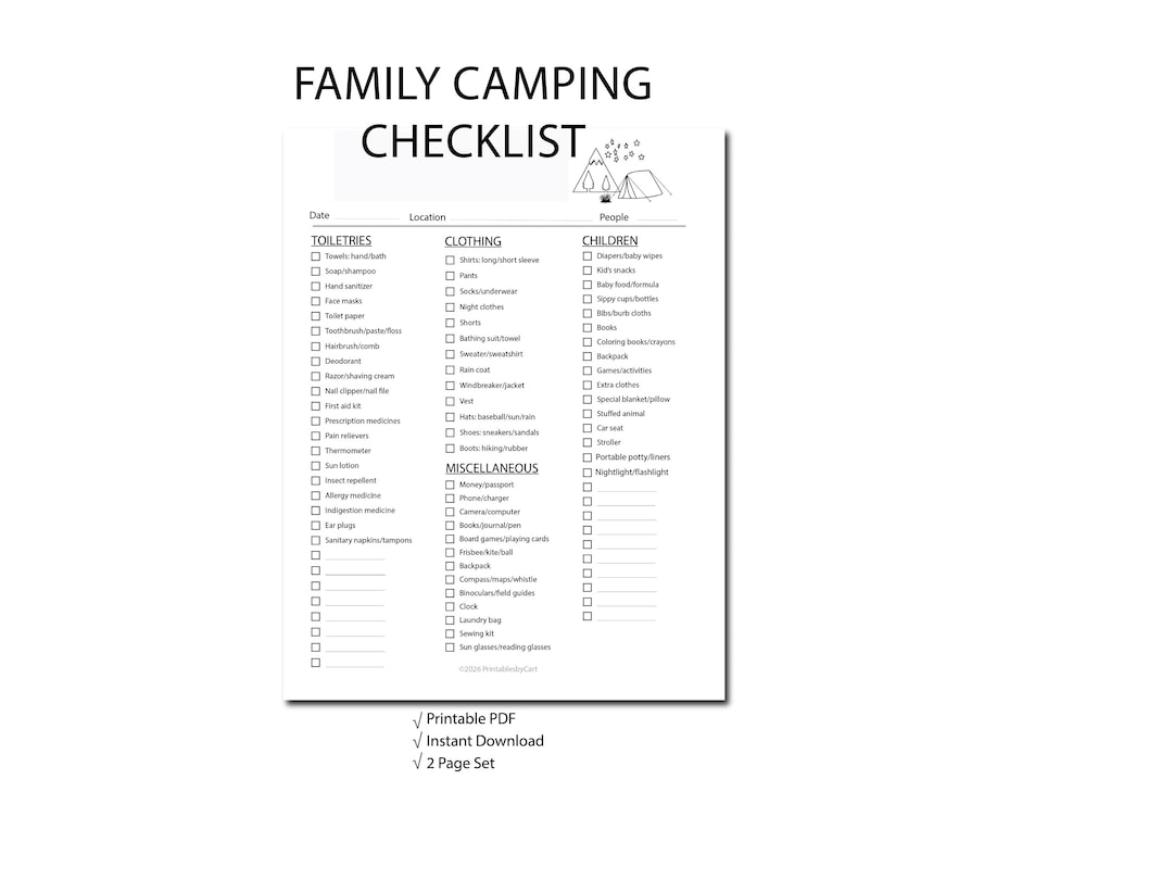 Family Camping Checklist, Kids Packing List, RV Planner (instant