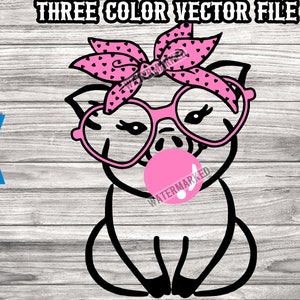 Bubble Gum Blowing Pig SVG - cochon mignon avec bandana et chewing-gum SVG - Girl Piggy SVG - fichier svg 3 couleurs - 5 formats de fichier inclus