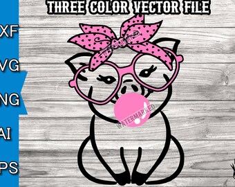 Bubble Gum Blowing Pig SVG - Cute pig with bandana and bubble gum SVG - Girl Piggy SVG - 3 color svg file - 5 file formats included