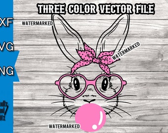 Bubble Gum Blowing Bunny SVG - Easter Bunny with bandana SVG - Girl Easter Bunny SVG - 3 color svg file - 3 file formats included