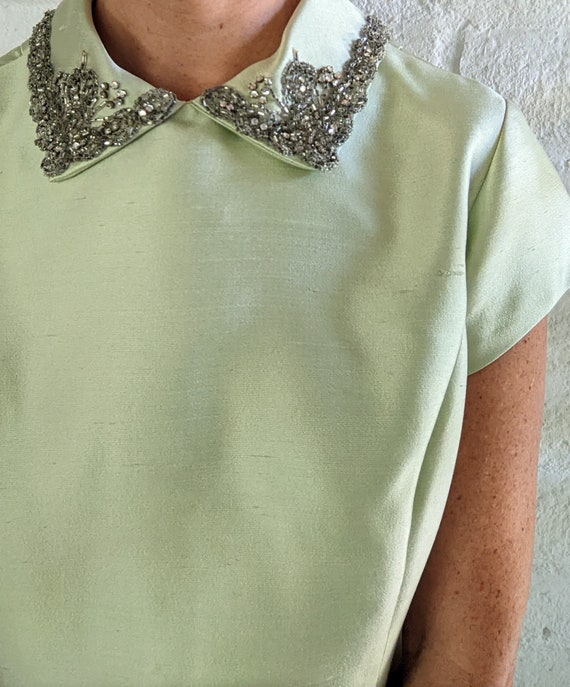 60s Mint Green Silk Dress with Beaded Collar - image 2