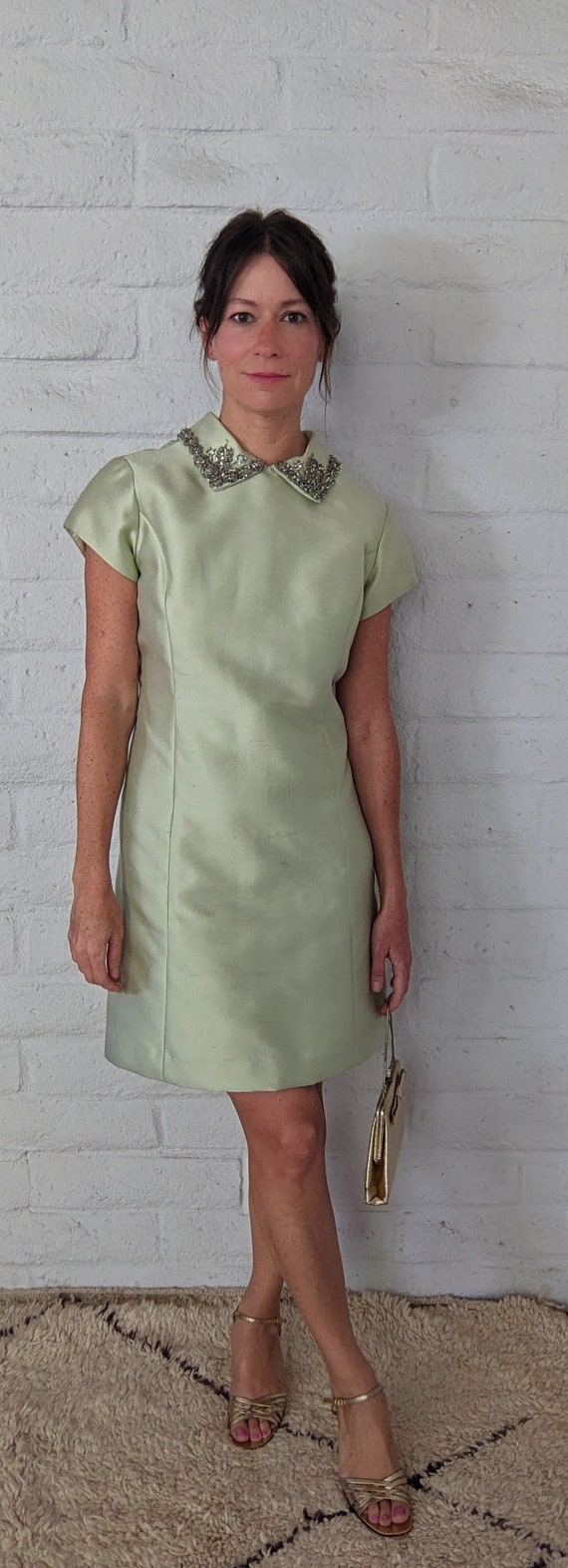 60s Mint Green Silk Dress with Beaded Collar - image 1