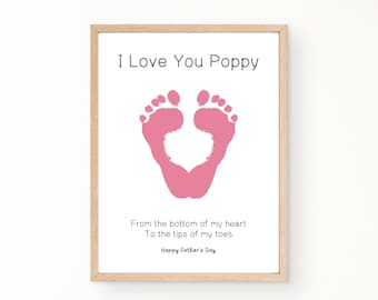 Father's Day Handprint Art Printable, I Love You Poppy, Footprint Gift for Dad from Kids, Gift for Poppy Grandpa, Toddler Baby Footprint Art