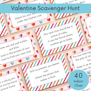 Chasse au trésor pour les enfants de la Saint-Valentin, chasse au trésor de la Saint-Valentin à imprimer, indices de chasse au trésor en intérieur, énigmes chasse au trésor, jeu à imprimer