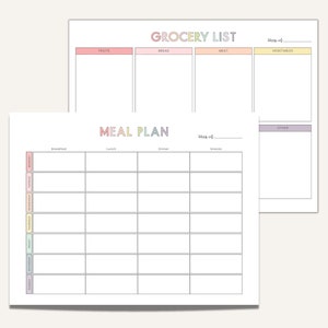Planer posiłków do druku, tygodniowy planer menu, lista zakupów do druku, śledzenie posiłków, dziennik żywności, szablon planu i przygotowania menu, dieta, zdrowie