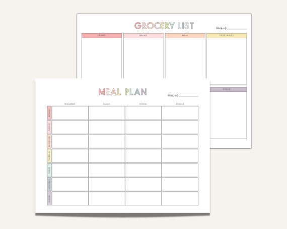 Meal Planner Printable, Weekly Menu Planner, Grocery List Printable, Meal Tracker, Food Journal, Menu Plan and Prep Template, Diet, Health