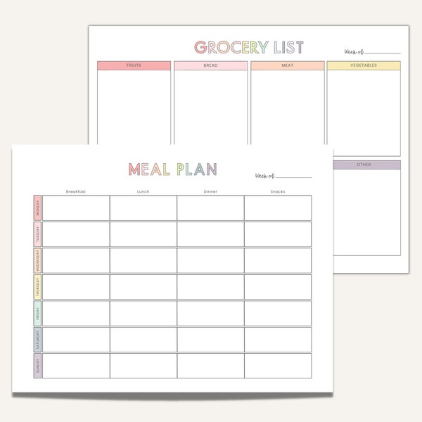 Meal Planner Printable, Weekly Menu Planner, Grocery List Printable, Meal Tracker, Food Journal, Menu Plan and Prep Template, Diet, Health